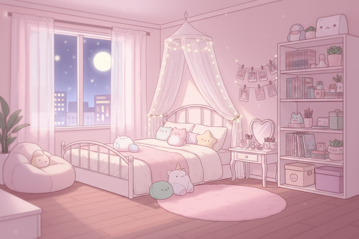 cozy kawaii bedroom background, soft pink lighting, blurred, anime style, wide shot --ar 16:9